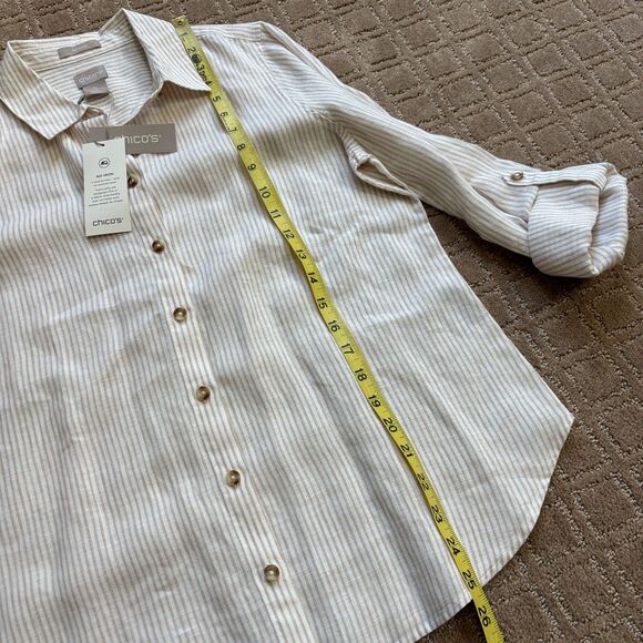 Chico's 100% Linen Button Down Shirt Women's 0 / US 4-6 Stripe Roll Sleeve NWT - Picture 6 of 8